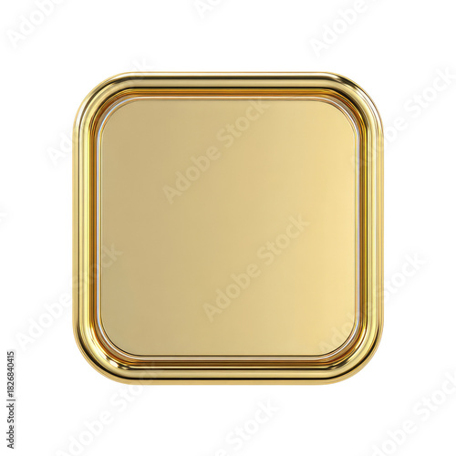 A 3D render of a shiny golden square with rounded corners on a black background, suggesting a digital button