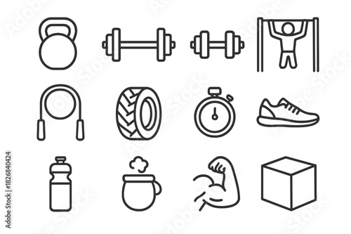 CrossFit Icon Set. CrossFit workouts. Line icon set of CrossFit workouts: kettlebell, barbell, dumbbell, pull-up bar, jump rope, tire, stopwatch, running shoe,