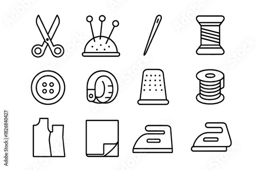Sewing Tools Icon Set. Sewing accessories. Line icon set of sewing accessories: scissors, pins, pin cushion, needle, thread spool, button, tape measure,