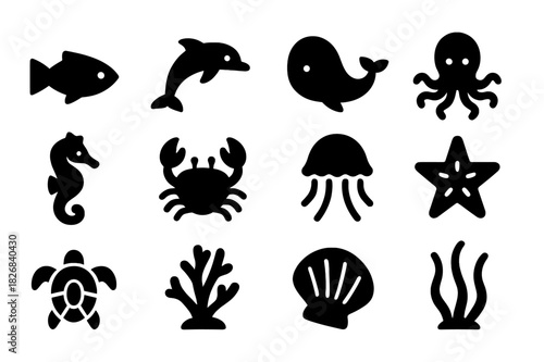 Aquatic Life Icons. Aquatic Life. Solid icon set of fish, dolphin, whale, octopus, seahorse, crab, jellyfish, starfish, turtle, coral, shell, seaweed. Filled