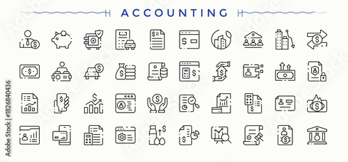 Accounting linear icon collection. Minimal linear icons. Vector artwork and illustration. Account icon set. It contains symbols to business, audit, bank, balance, banking, account, count and more.