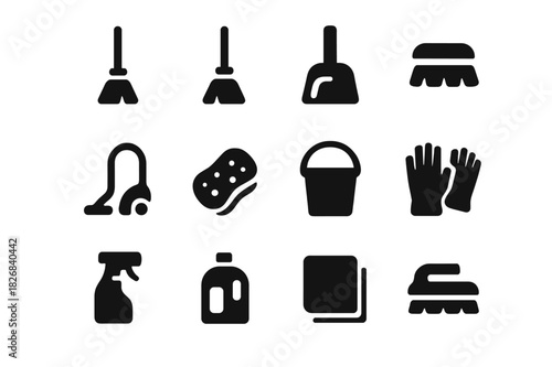 Black Cleaning Icons. Cleaning tools. Solid icon set of Cleaning tools: broom, mop, dustpan, brush, vacuum, sponge, bucket, gloves, cleaning spray, detergent
