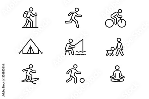 Outdoor Activity Icon Set. Outdoor activities. Line icon set of outdoor activities: hiking, running, cycling, camping, fishing, swimming, surfing, climbing,