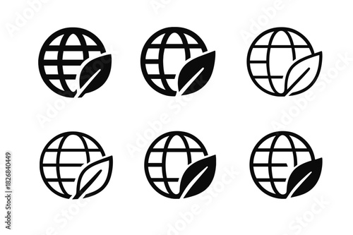 Ethical Branding Icons. Ethical branding. Icon set. Set Logo of ethical branding: globe and leaf. harmonious logo variations of the same emblematic concept,