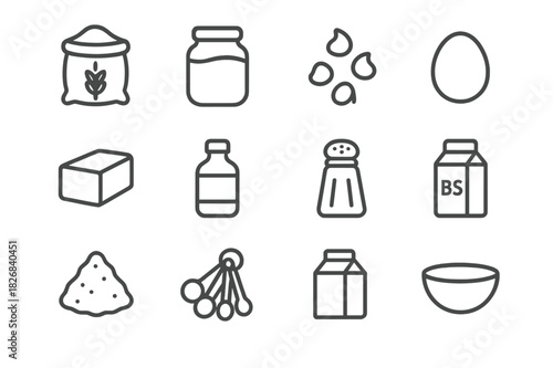 Cookie Ingredient Icons. Cookie ingredients. Line icon set of cookie ingredients: flour bag, sugar jar, chocolate chips, egg, butter block, vanilla bottle,