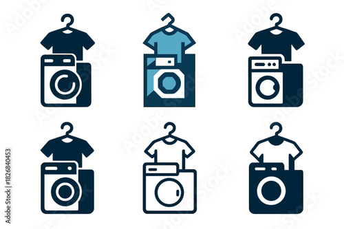 Laundry Icon Variations. Hanging up clothes immediately after laundry. Icon set. Set Logo of hanging up clothes immediately after laundry: washing machine.