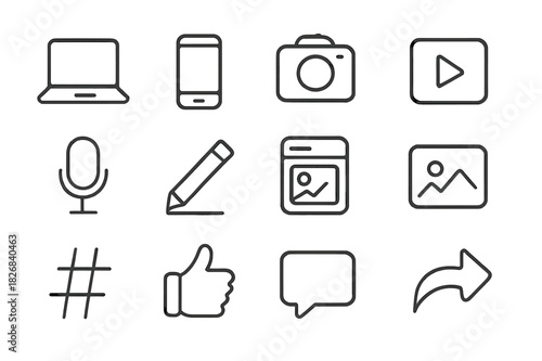 Content Creation Icons. Content creation. Line icon set of Content creation: laptop, smartphone, camera, video play button, microphone, pen, social media post,