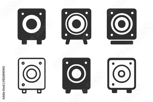 Speaker Icon Set. Sound system speaker. Icon set. Set Logo of sound system speaker: subwoofer. harmonious logo variations of the same emblematic concept (Flat