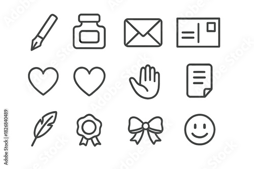 Handwritten Message Icons. Handwritten messages. Line icon set of handwritten messages: pen, ink bottle, envelope, postcard, heart, hand, paper, feather, wax