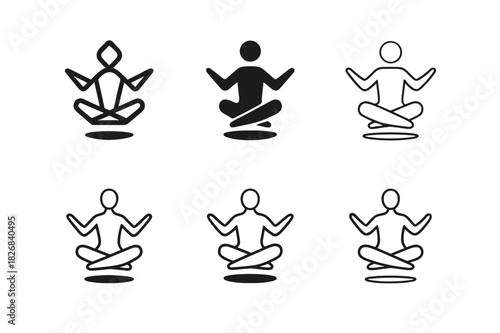 Balanced Pose Icons. body balance pose. Icon set. Set Logo of body balance pose: seated meditative balance pose. harmonious logo variations of the same
