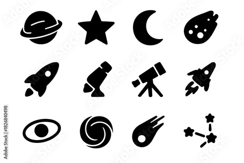 Black Space Icons Grid. Space Icons. Solid icon set of planet, star, moon, comet, asteroid, rocket, telescope, satellite, orbit, black hole, meteor,