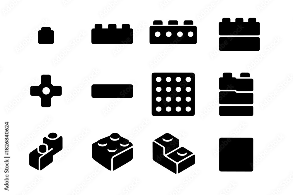 Fototapeta premium Icon Grid. building blocks. Solid icon set of building blocks: single brick, double brick, 2x4 block, 2x2 block, connector piece, plate,