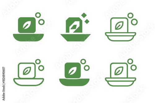 Eco Home Icon Set. Sustainable home products. Icon set. Set Logo of eco home item: bar soap and dish. harmonious logo variations of the same emblematic