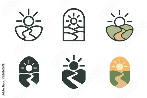 Nature Trail Icons. Nature trail. Icon set. Set Logo of Nature trail: sunrise over hills. harmonious logo variations of the same emblematic concept, each with