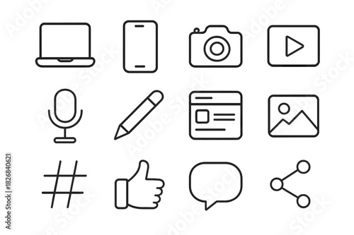 Content Creation Icons. Content creation. Line icon set of Content creation: laptop, smartphone, camera, video play button, microphone, pen, social media post,