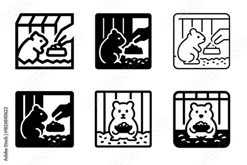 Hamster Care Icons. Feeding a hamster in its cage. Icon set. Set Logo of hamster care: food dish and bedding detail. harmonious logo variations of the same