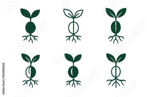 Seedling Logos Collection. seeds. Icon set. Set Logo of seeds: seedling with roots visible. harmonious logo variations of the same emblematic concept, each
