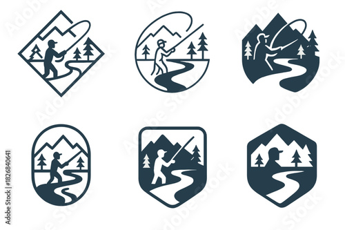 Fly Fishing Logo Set. Fly fishing and outdoor adventure. Icon set. Set Logo of river stream. harmonious logo variations of the same emblematic