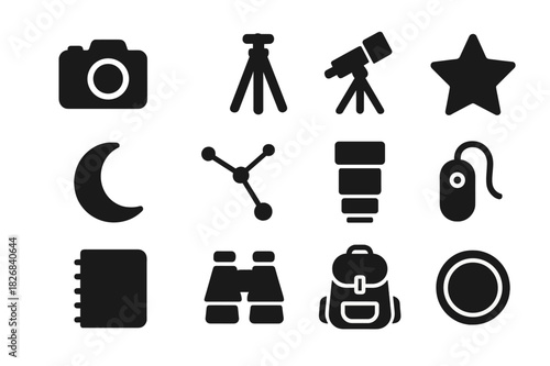 Astrophotography Icon Set. Astrophotography. Solid icon set of astrophotography: camera, tripod, telescope, star, moon, constellation, lens, remote shutter,