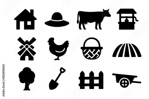 Peasant Village Icons. Peasant village. Solid icon set of peasant village: cottage, farmer hat, cow, well, windmill, chicken, basket, field, cart, tree,