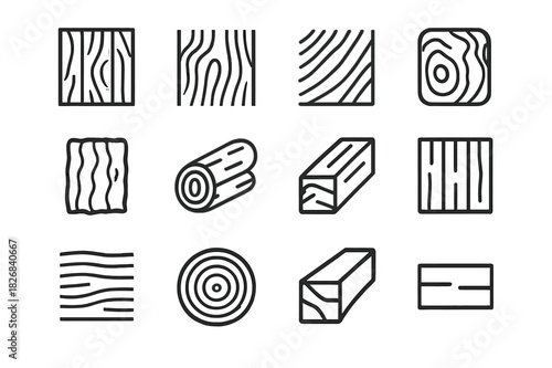 Wood Texture Icons. Wood textures. Line icon set of wood textures: plank pattern, wood grain, saw mark, knot, bark, log, beam, panel, texture lines, circle