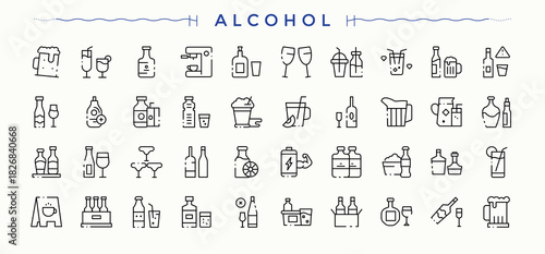 Alcohol icon collection. Contains such icons as beverage, drink, beer, cocktail, wine, vodka, champagne and more. Icons for website. Vector artwork and illustration. Beer icon set.