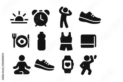Morning Routine Icons. Morning routine. Solid icon set of Morning routine: sunrise, alarm clock, stretching, jogging shoes, breakfast icon, water bottle,