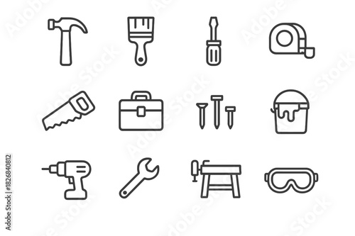 DIY Family Icons. DIY Home Projects as a Family. Line icon set of DIY Home Projects as a Family: hammer, paintbrush, screwdriver, measuring tape, saw, toolbox,