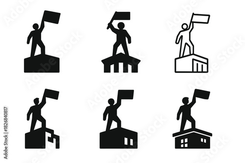 Rooftop Protest Icons. Activist on rooftop. Icon set. Set Logo of activist on rooftop: Rooftop protest silhouette. harmonious logo variations of the same