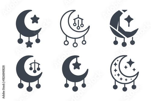 Baby Shower Icon Set. Baby shower party ideas and decorations. Icon set. Set Logo of baby shower party ideas and decorations: moon and stars with baby mobile.