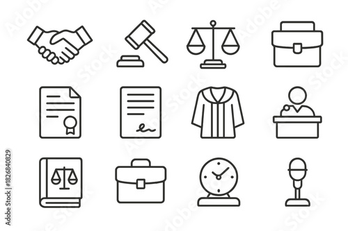 Mediation Icons Set. Mediation process. Line icon set of Mediation process: handshake, gavel, balance scales, legal document, contract, judge robe, courtroom
