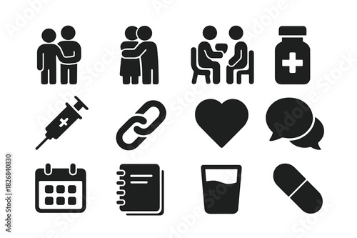 Addiction Support Icons. Supporting a family member through addiction recovery. Solid icon set of Supporting a family member through addiction recovery: person