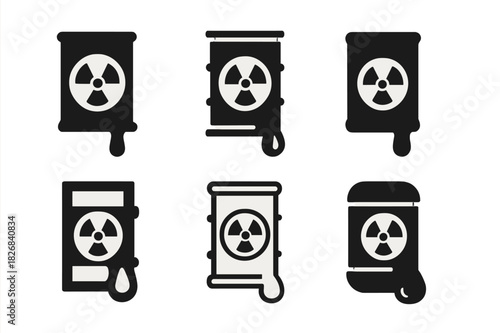 Toxic Waste Barrel Logos. toxic waste barrels. Icon set. Set Logo of toxic waste barrels: hazardous liquid dripping from barrel. harmonious logo variations of