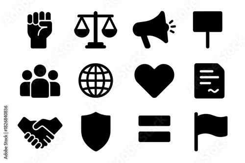 Social Justice Icons. Social justice. Solid icon set of social justice: raised fist, scales, megaphone, protest sign, people, globe, heart, handshake, shield,