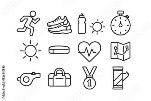 Jogging Icons Set. Jogging routine. Line icon set of jogging routine: runner, sneakers, water bottle, stopwatch, sun, headband, heart rate, route map, whistle,