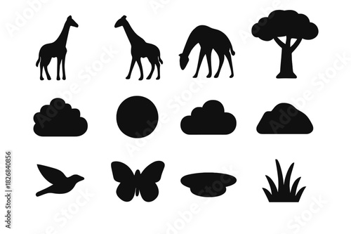 Giraffe Silhouette Icons. Giraffe silhouette. Solid icon set of Giraffe silhouette: standing giraffe, walking giraffe, grazing giraffe, tree, bush, sun, cloud,