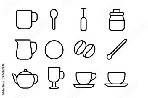 Coffee Accessory Icons. Coffee accessories. Line icon set of Coffee accessories: coffee mug, spoon, frother, sugar jar, milk jug, coaster, coffee beans,
