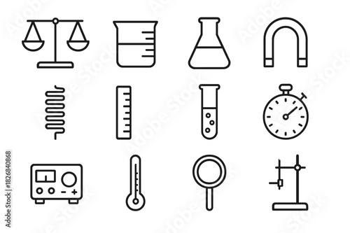 Physics Lab Icons. Physics lab equipment. Line icon set of physics lab equipment: balance scale, beaker, flask, magnet, spring, ruler, test tube, stopwatch,