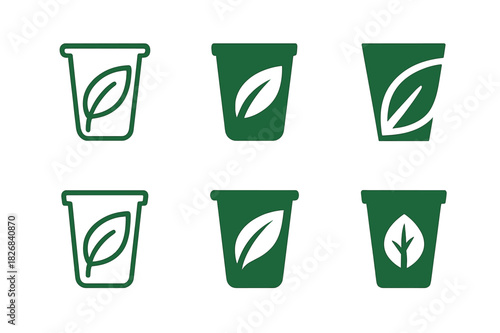 Biodegradable Leaf Icons. Plastic Alternatives. Icon set. Set Logo of Plastic Alternatives: biodegradable leaf cup. harmonious logo variations of the same
