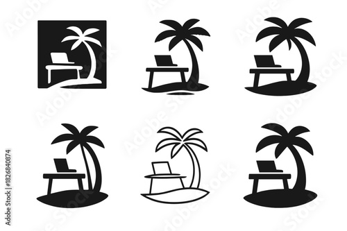 Work Anywhere Icons. work from anywhere. Icon set. Set Logo of work from anywhere: beach desk setup. harmonious logo variations of the same emblematic concept,