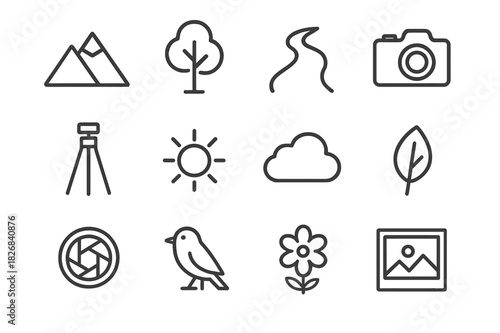 Nature Photography Icon Set. Nature photography. Line icon set of nature photography: mountain, tree, river, camera, tripod, sun, cloud, leaf, lens, bird,