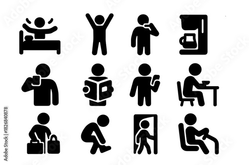 Daily Rituals Icons. Daily rituals. Solid icon set of Daily rituals: wake up, stretch, brush teeth, brew coffee, sip mug, read news, check phone, eat