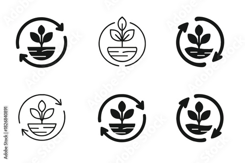 Soil Regeneration Icons. Soil regeneration techniques. Icon set. Set Logo of soil regeneration techniques: composting. harmonious logo variations of the same
