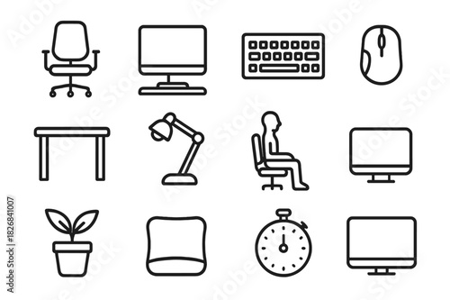 Ergonomic Workspace Icons. Ergonomic workspace. Line icon set of ergonomic workspace: adjustable chair, monitor stand, keyboard, mouse, desk, lamp, posture
