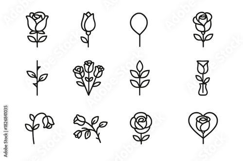 Rose Icon Set. Rose variants. Line icon set of Rose variants: blooming rose, rosebud, single petal, rose flower, thorned stem, rose bouquet, stem with leaves,