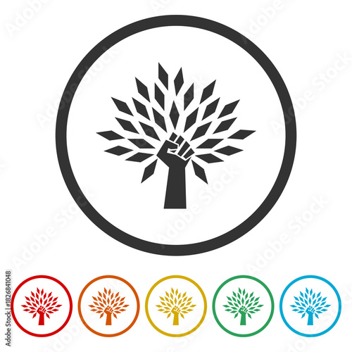 Eco Protest Tree logo. Set icons in color circle buttons
