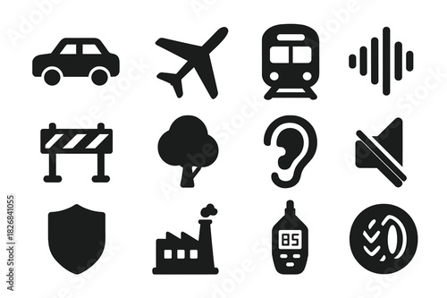 Transportation Noise Icons. Transportation Noise Control. Solid icon set of Transportation Noise Control: car, airplane, train, sound wave, road barrier, tree,