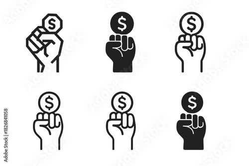 Equal Pay Icons. Demand for equal pay. Icon set. Set Logo of demand for equal pay: Raised fist holding coin. harmonious logo variations of the same emblematic