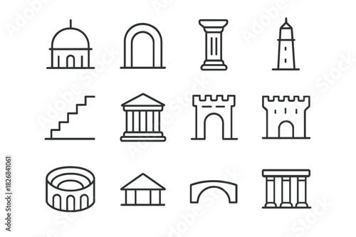 Architectural Line Icon Set. Architectural wonders. Line icon set of architectural wonders: dome, arch, pillar, tower, staircase, temple, gate, fortress,