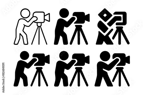 Director Camera Logos. A director adjusting the camera on set for a close-up shot. Icon set. Set Logo of A director adjusting the camera on set for a close-up